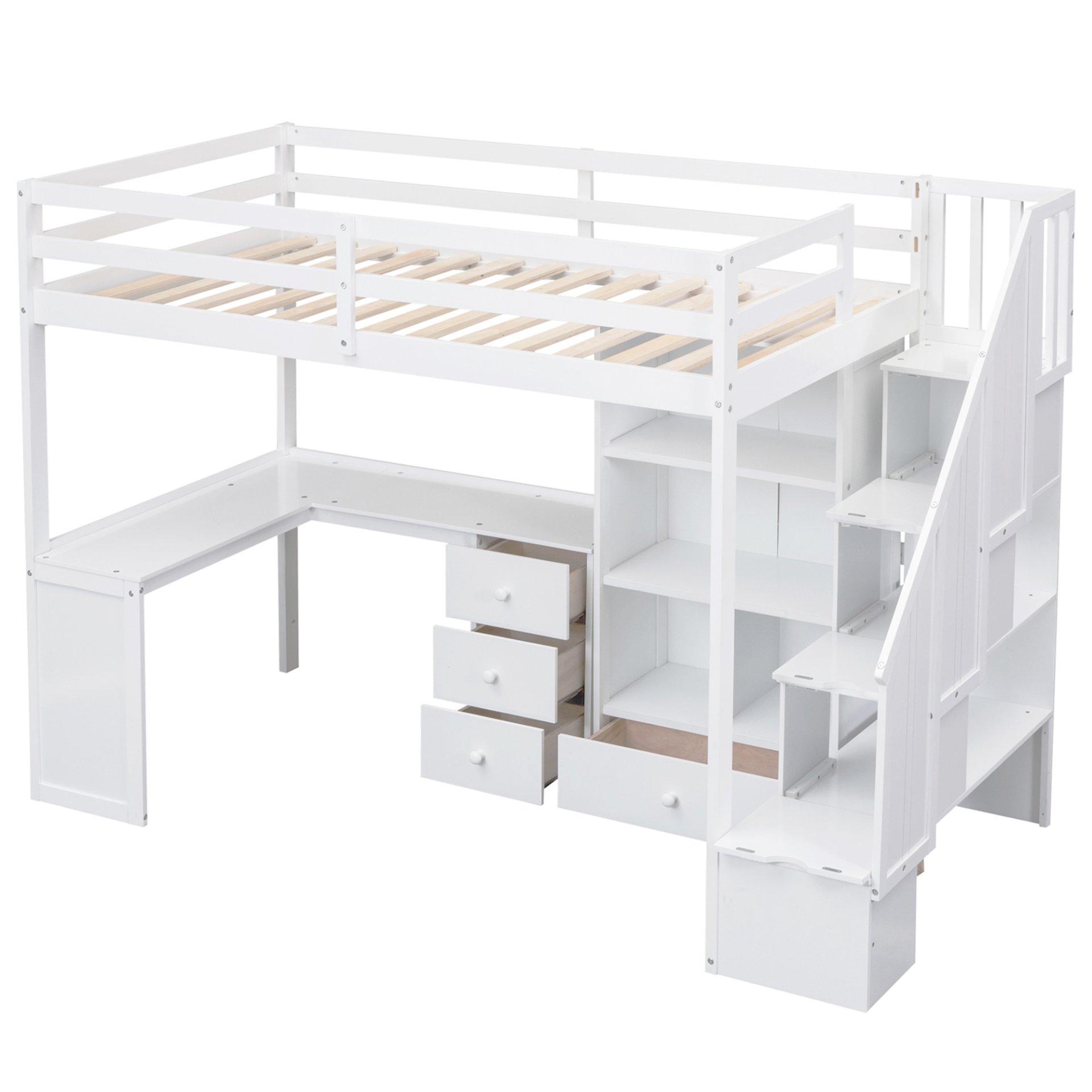Twin Size Loft Bed With L-Shaped Desk, Drawers, Cabinet And Storage Staircase - White - Image 7