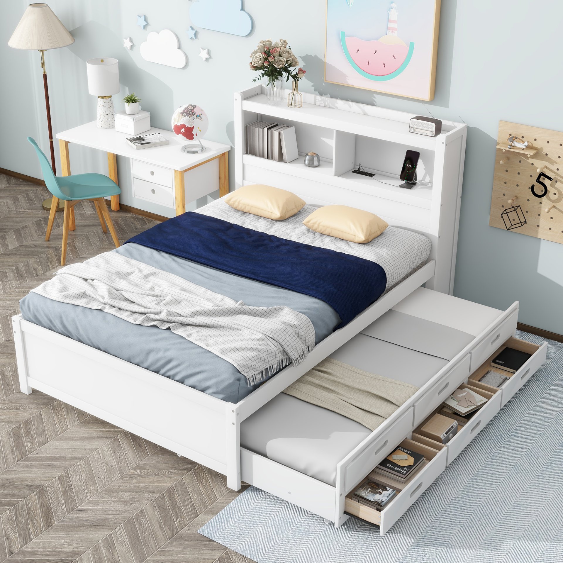 Full Size Platform Bed With Trundle, Drawers, USB Ports And Built In Shelves - White - Image 2