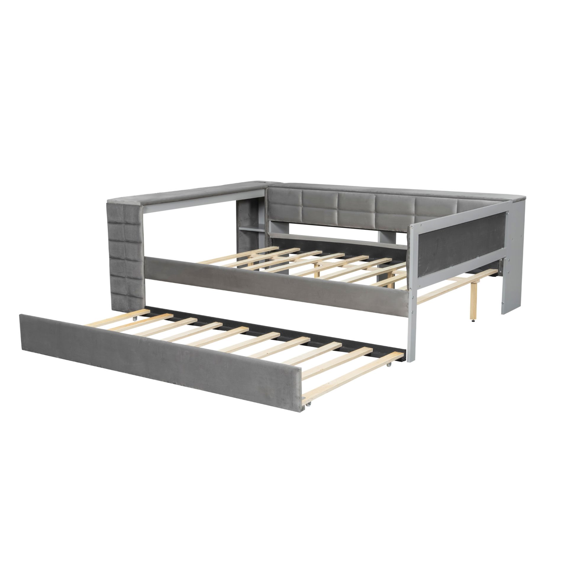 Upholstered Full Size Platform Bed With Storage Shelves, Desk, Charging Station And Trundle - Gray - Image 6