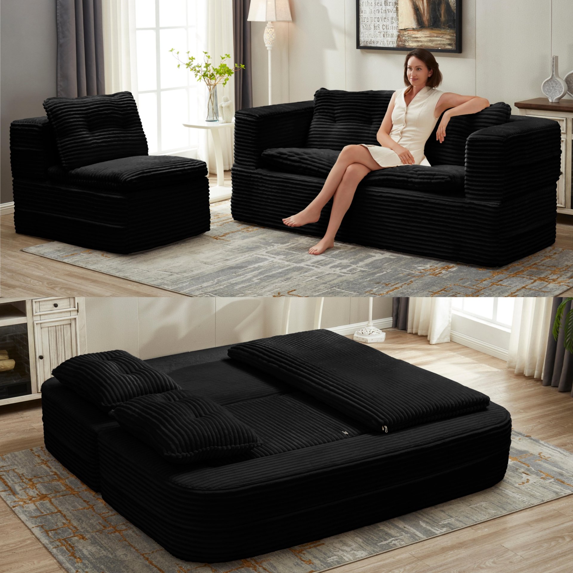 Multi Functional Sectional Sofa Bed With Independent Chaise Lounge And Functional Blanket - Black - Image 2