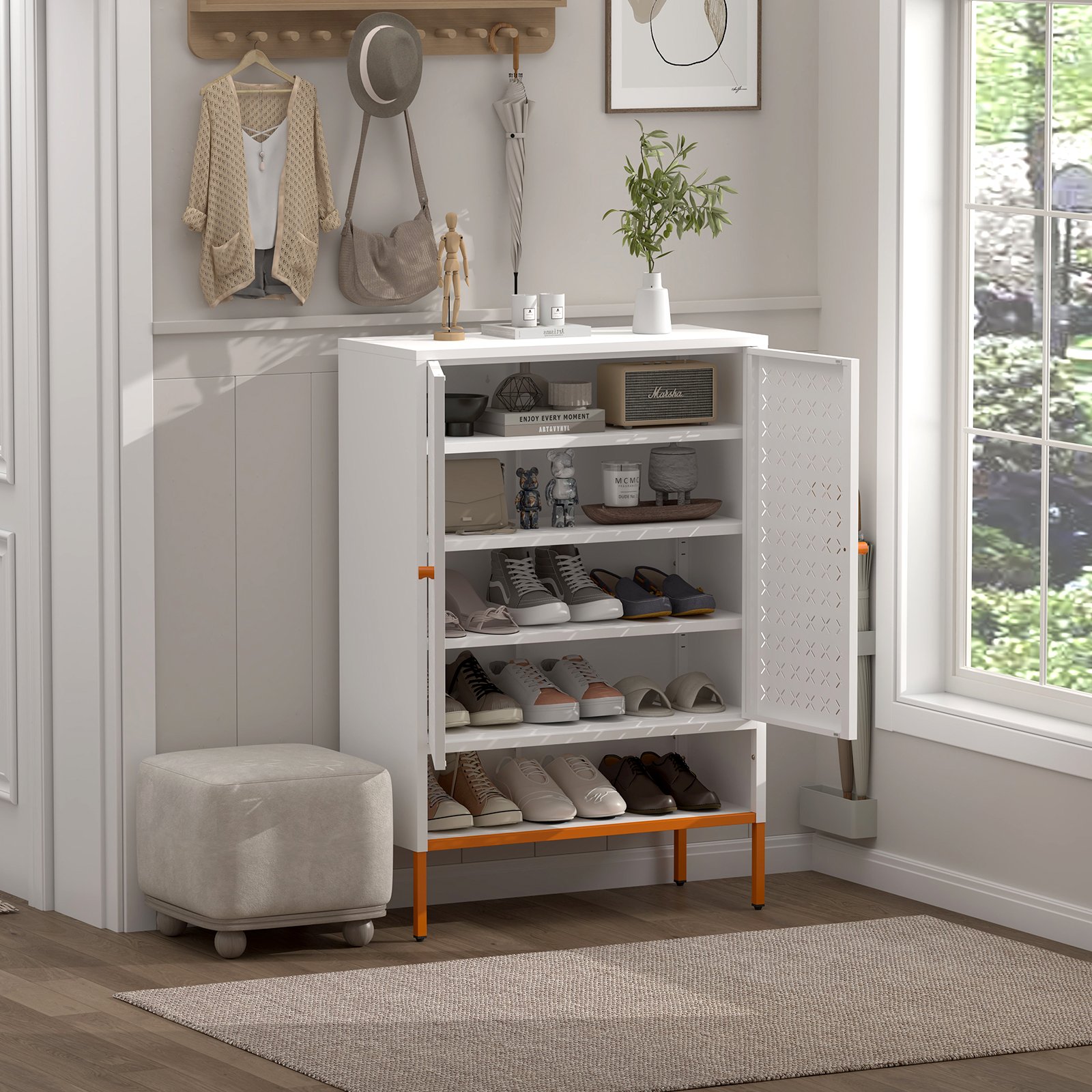 Grid - Double Door Shoe Cabinet With Adjustable Compartments And Moisture Proof Design In Metal - White - Image 14
