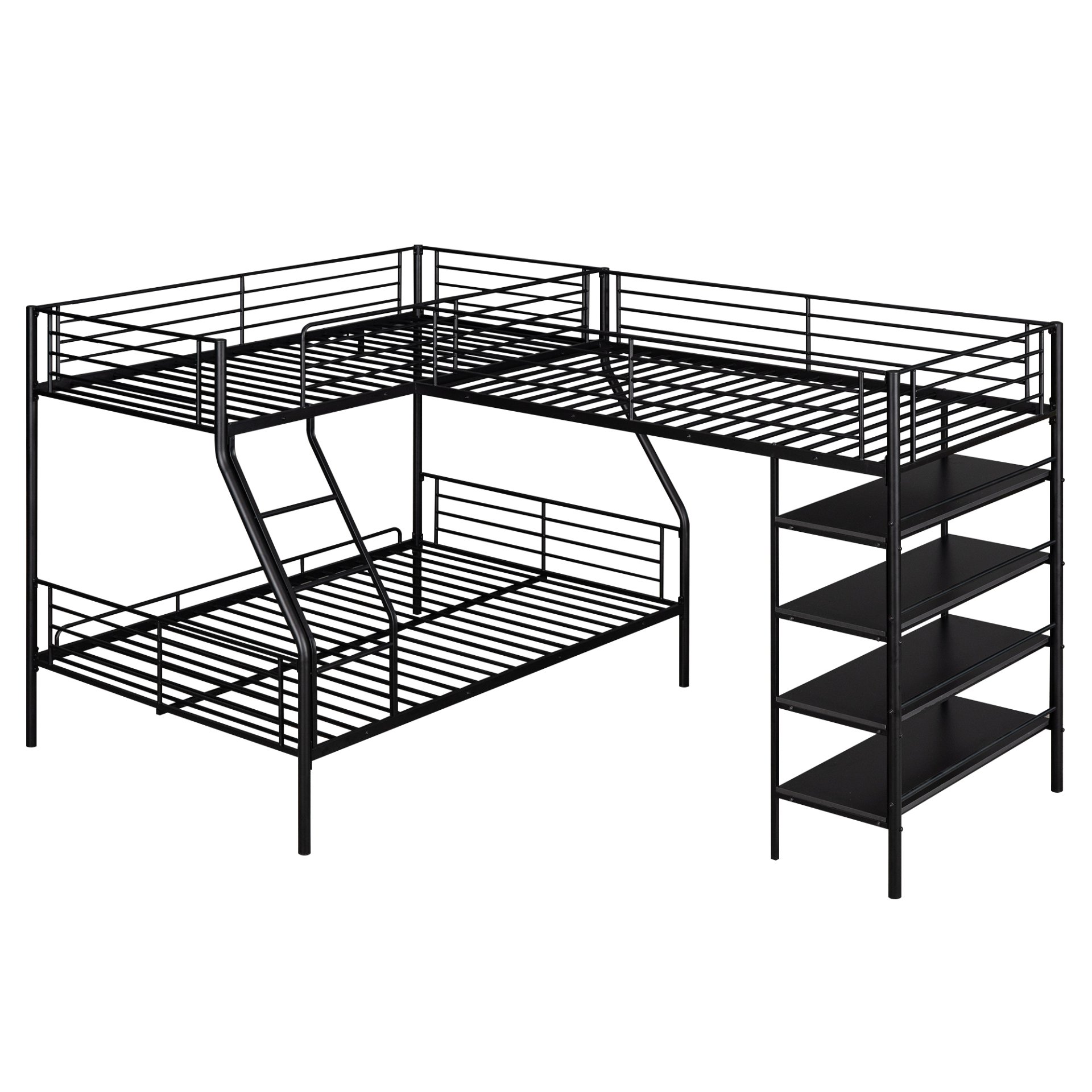 L-Shaped Twin Over Full Bunk Bed And Twin Loft Bed With 4 Built In Shelves - Black - Image 9