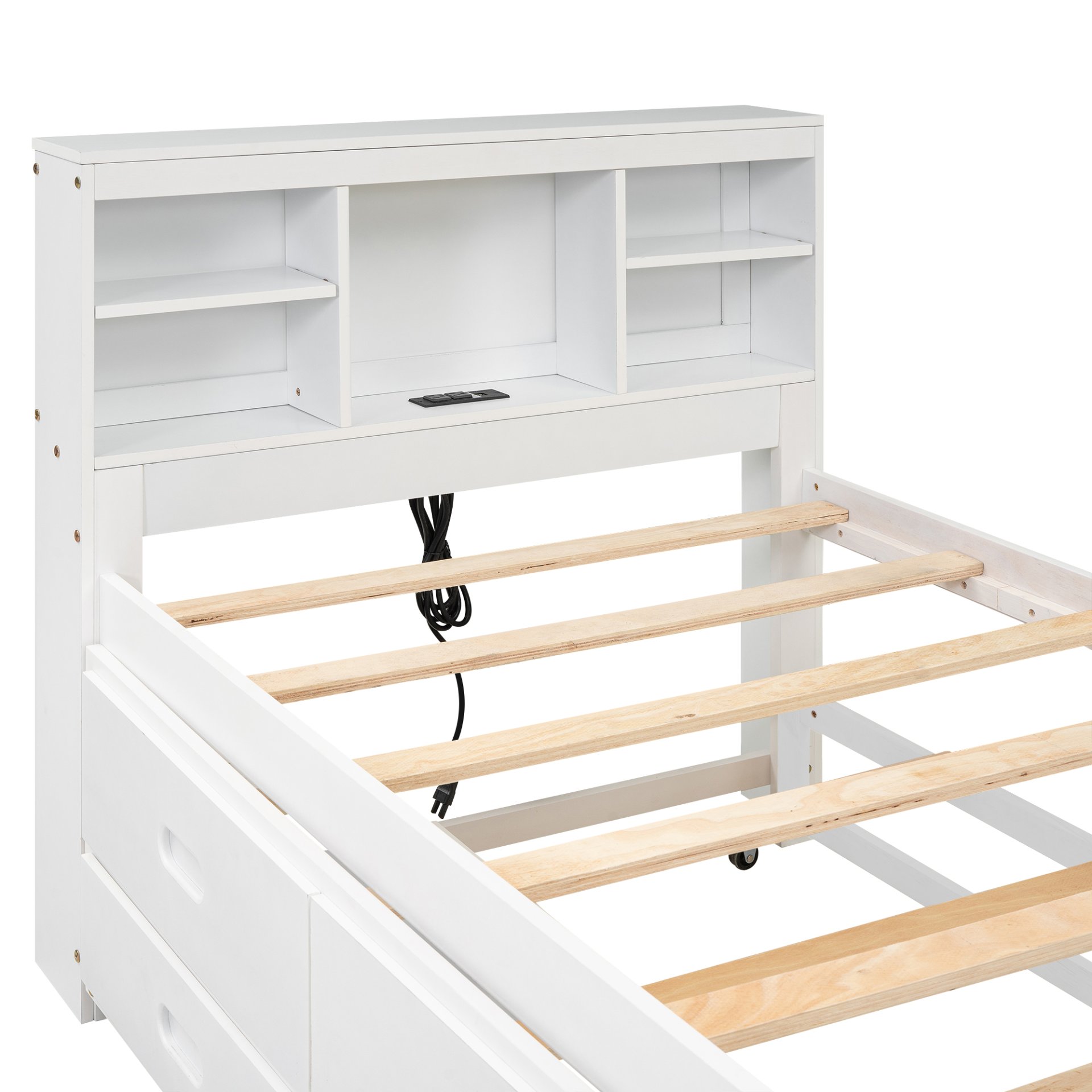 Twin Size Platform Bed With Storage Headboard, USB, Trundle And 3 Drawers - White - Image 7