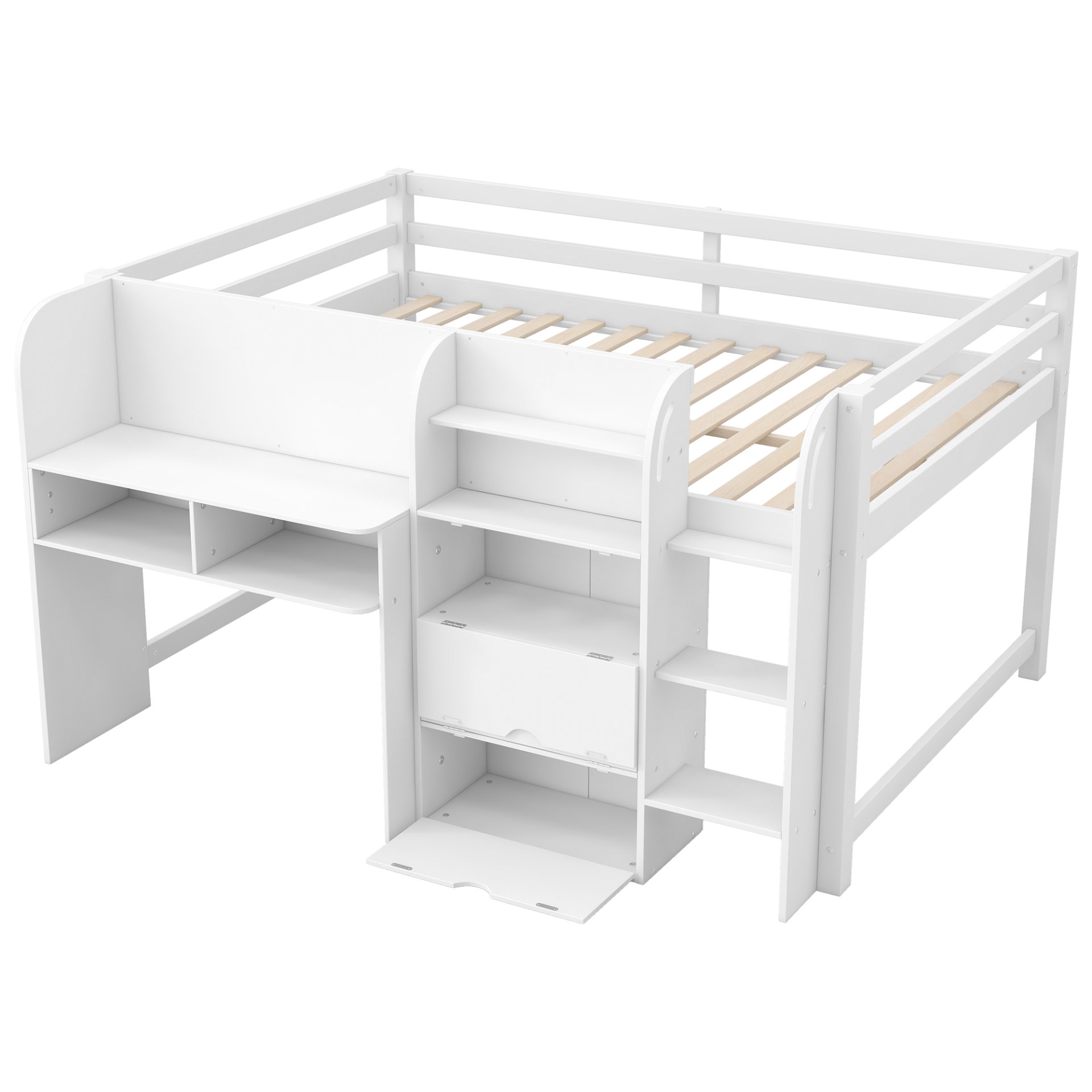 Full Size Low Loft Bed With Built In Desk, Storage Cabinets, Open Bookcase And Doodle Blackboard - White - Image 12