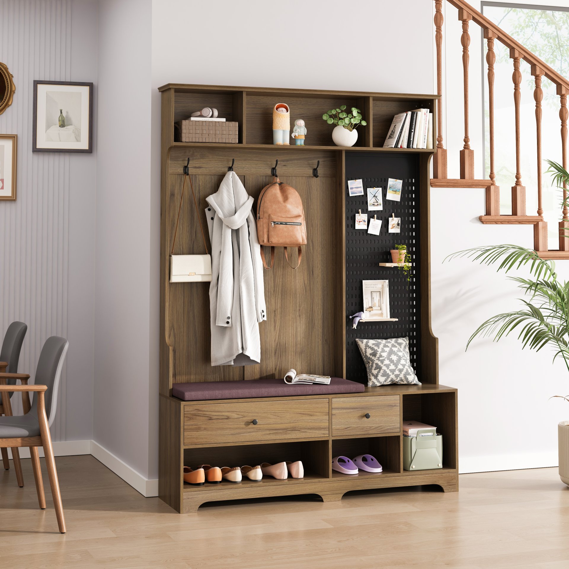 Hallway Hall Tree With Removable Cushion Bench, Coat Rack, Storage Shelves - Brown - Image 4