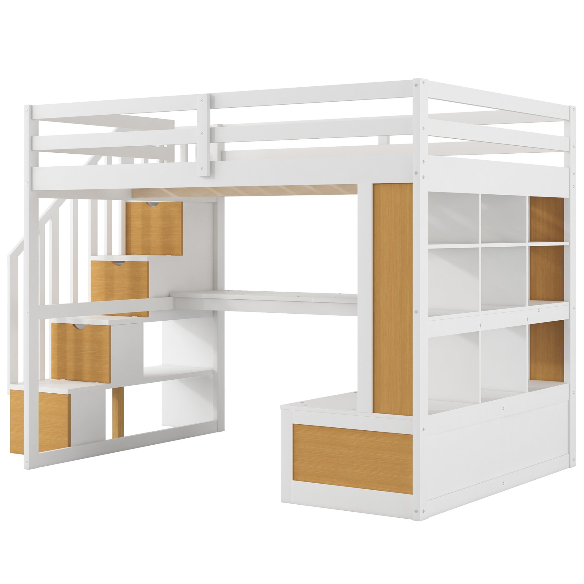 Full Size Loft Bed With Desk And Shelves, 2 Built In Drawers, Storage Staircase - Natural / White - Image 10