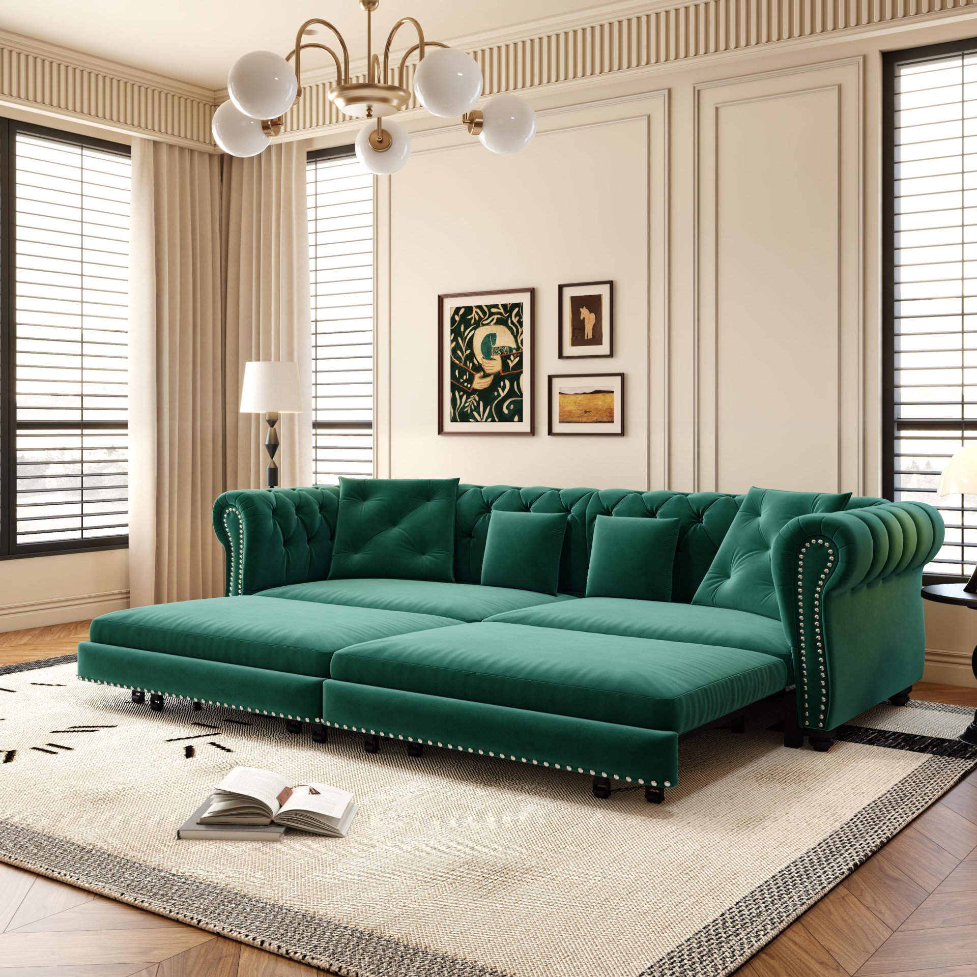 3 In 1 Pull Out Sofa Bed, Convertible Sleeper Sofa Bed, 3 Seater Sofa With Movable Ottoman - Green - Image 8