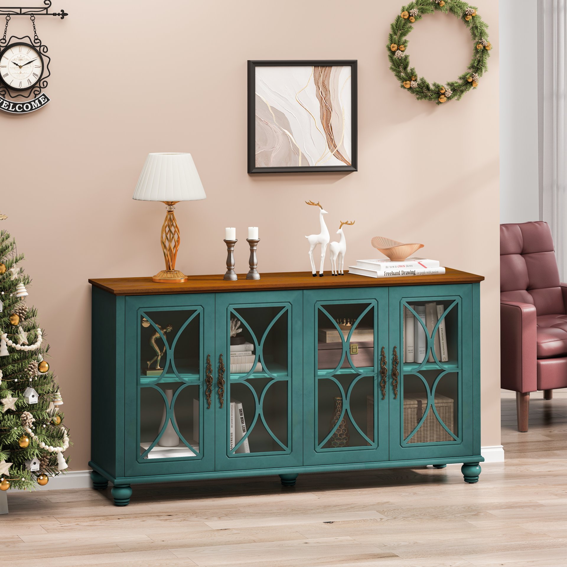 Elegant 4 Door Cabinet With Tempered Glass Doors - Dark Green - Image 5