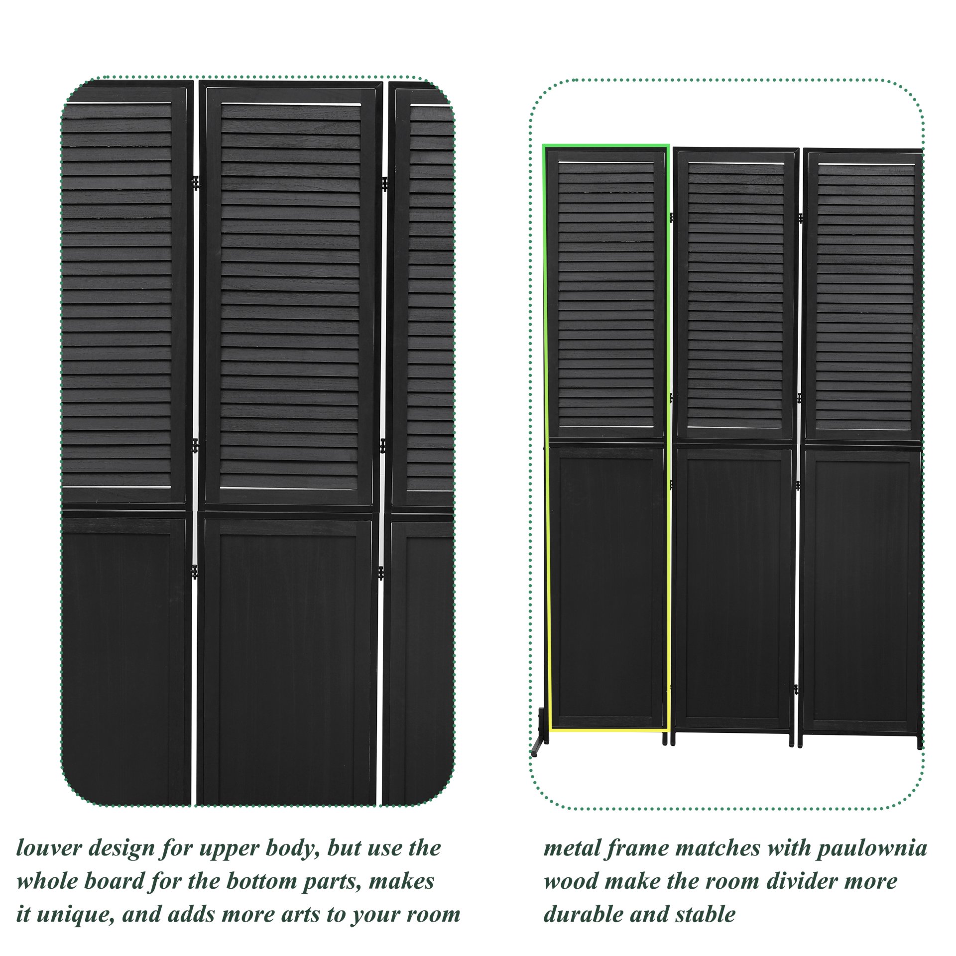 Rustic 3 Panel Room Divider 6Ft Wood Folding Privacy Screen With Metal Frame And Louver Design - Black - Image 6