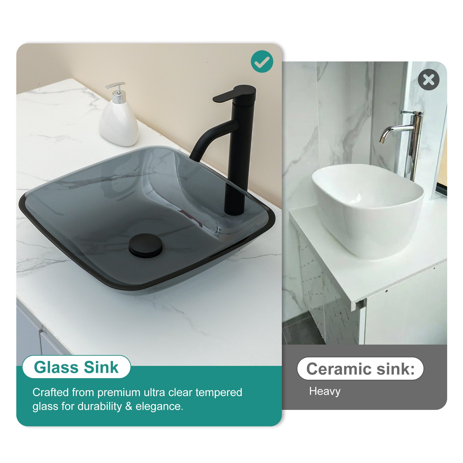 Square Vessel Sink For Bathroom, Above Counter Design With Pop Up Drain, Smooth Rounded Edges - Gray - Image 2