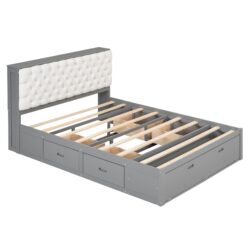 Queen Size Platform Bed With Storage Headboard, Shoe Rack And 4 Drawers - Gray