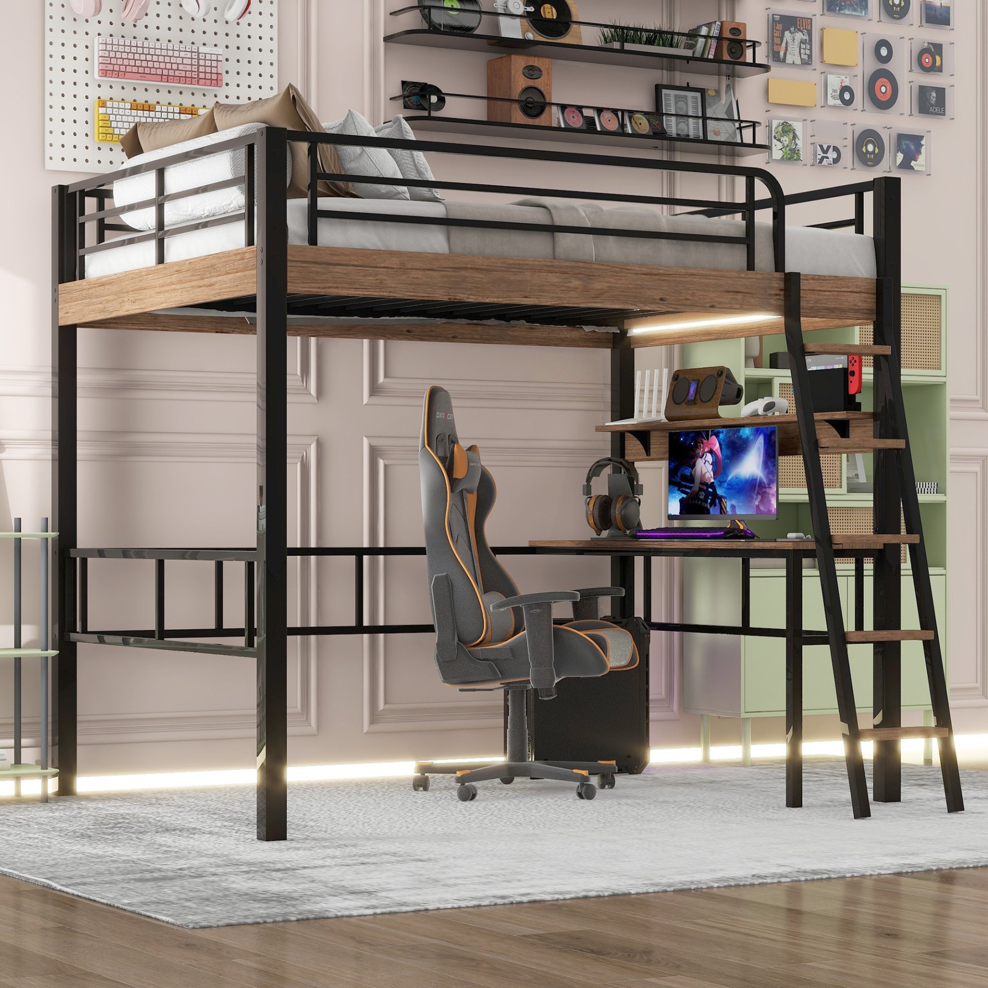 Full Size Loft Bed With LED, Built In Desk, Storage Shelf And Ladder - Black - Image 6
