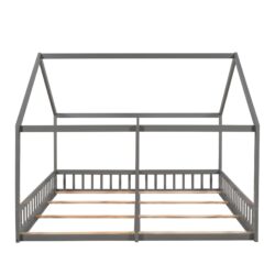 Twin Size House Platform Beds, 2 In 1 Shared Design With Guardrails - Gray