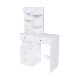 Dressing Table With Movable Mirror And LED Light, 5 Drawer Storage Organizer - White