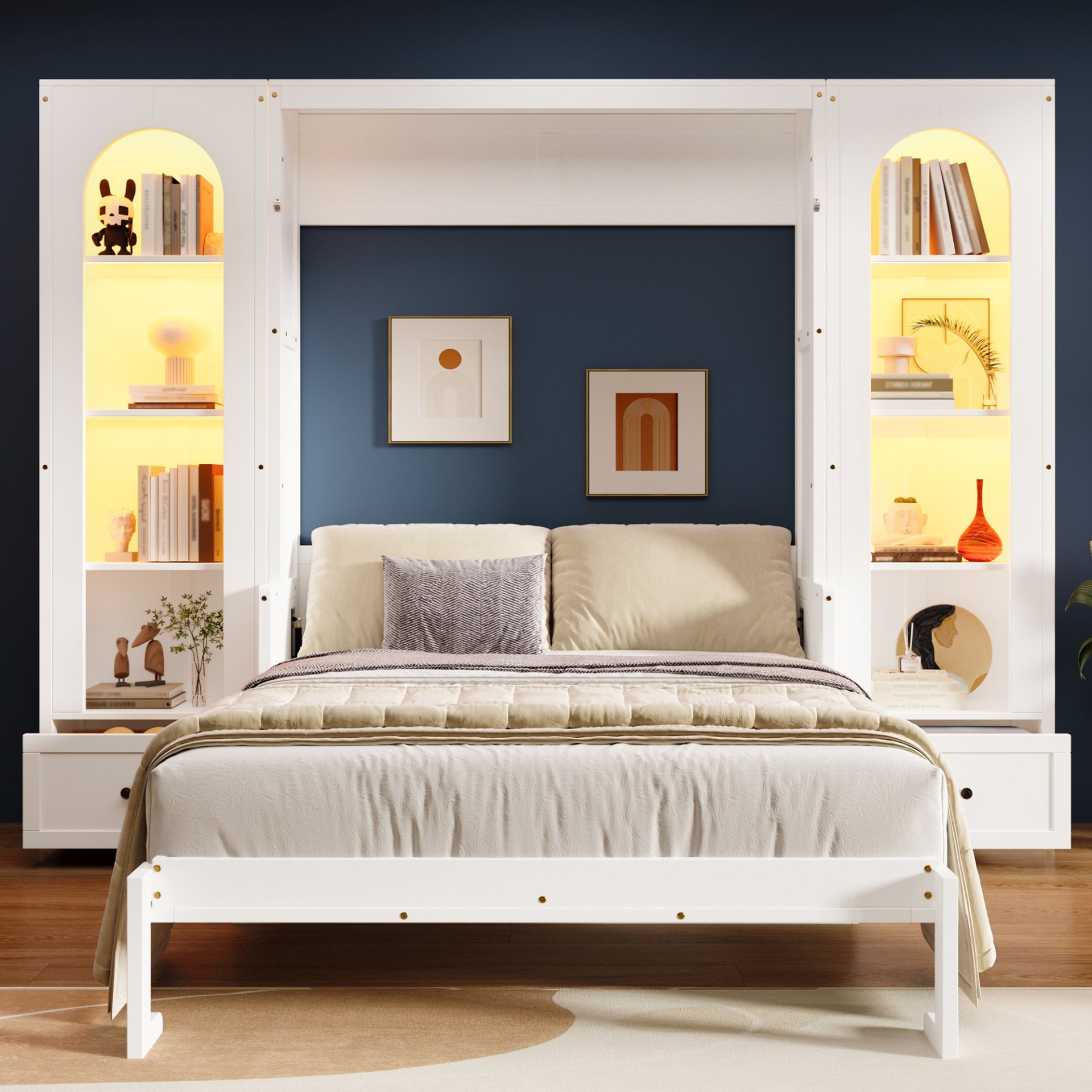 Queen Size Murphy Platform Bed With Shelf, Side Cabinets, Drawers And LED - White - Image 2