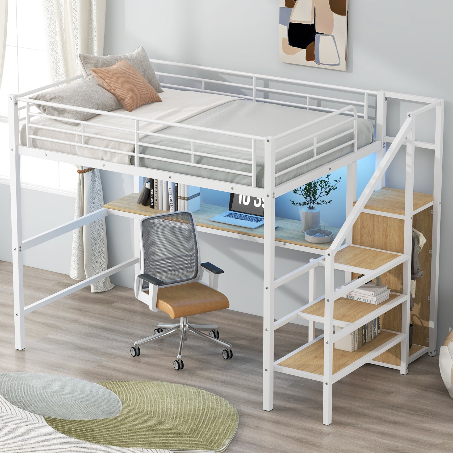 Full Size Loft Bed With Desk, Storage Staircase, Small Wardrobe And LED Light - White - Image 6