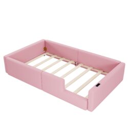 Twin Platform Bed With Guardrail And Charging Station - Pink