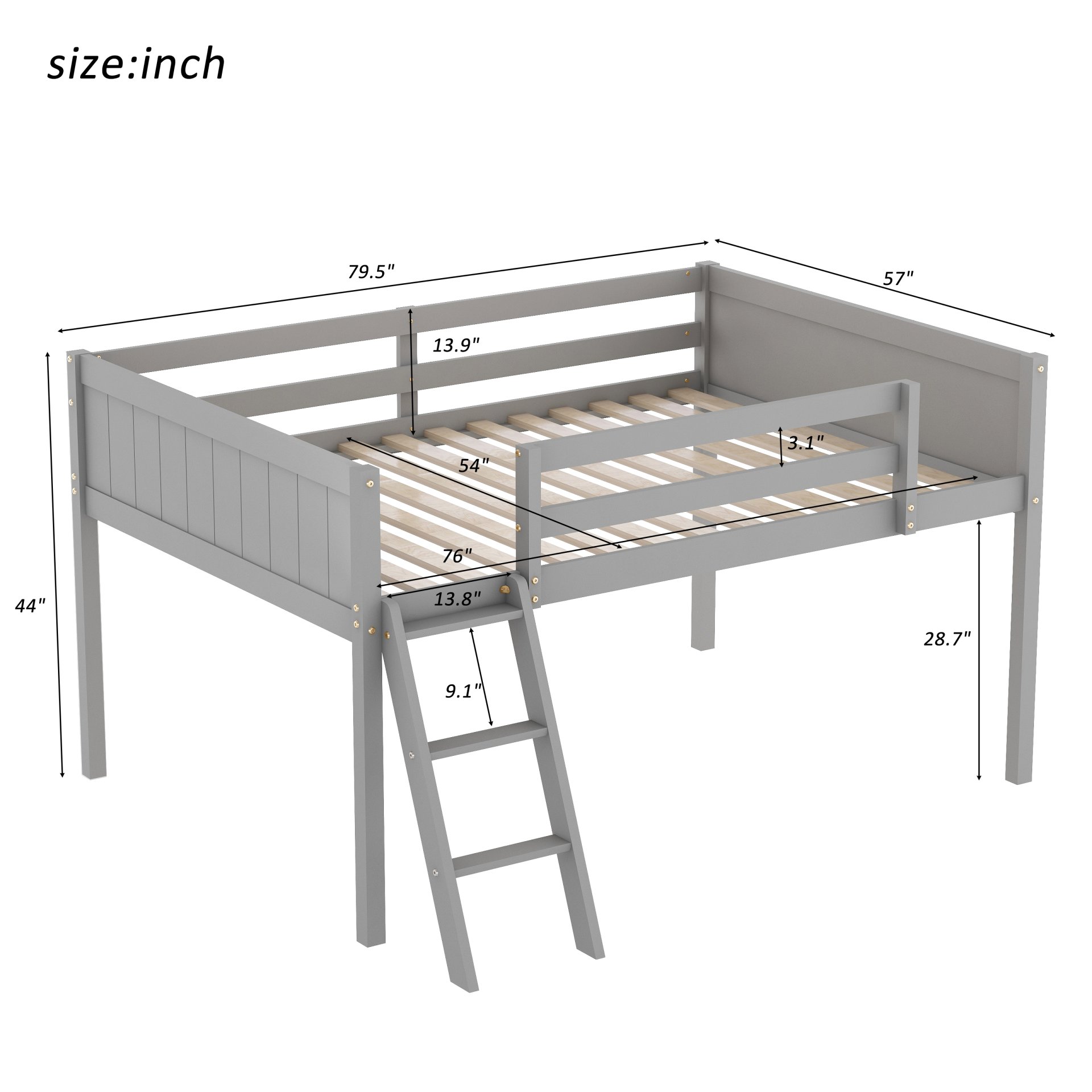 Full Size Low Loft Bed With Adjustable Ladder - Gray - Image 3