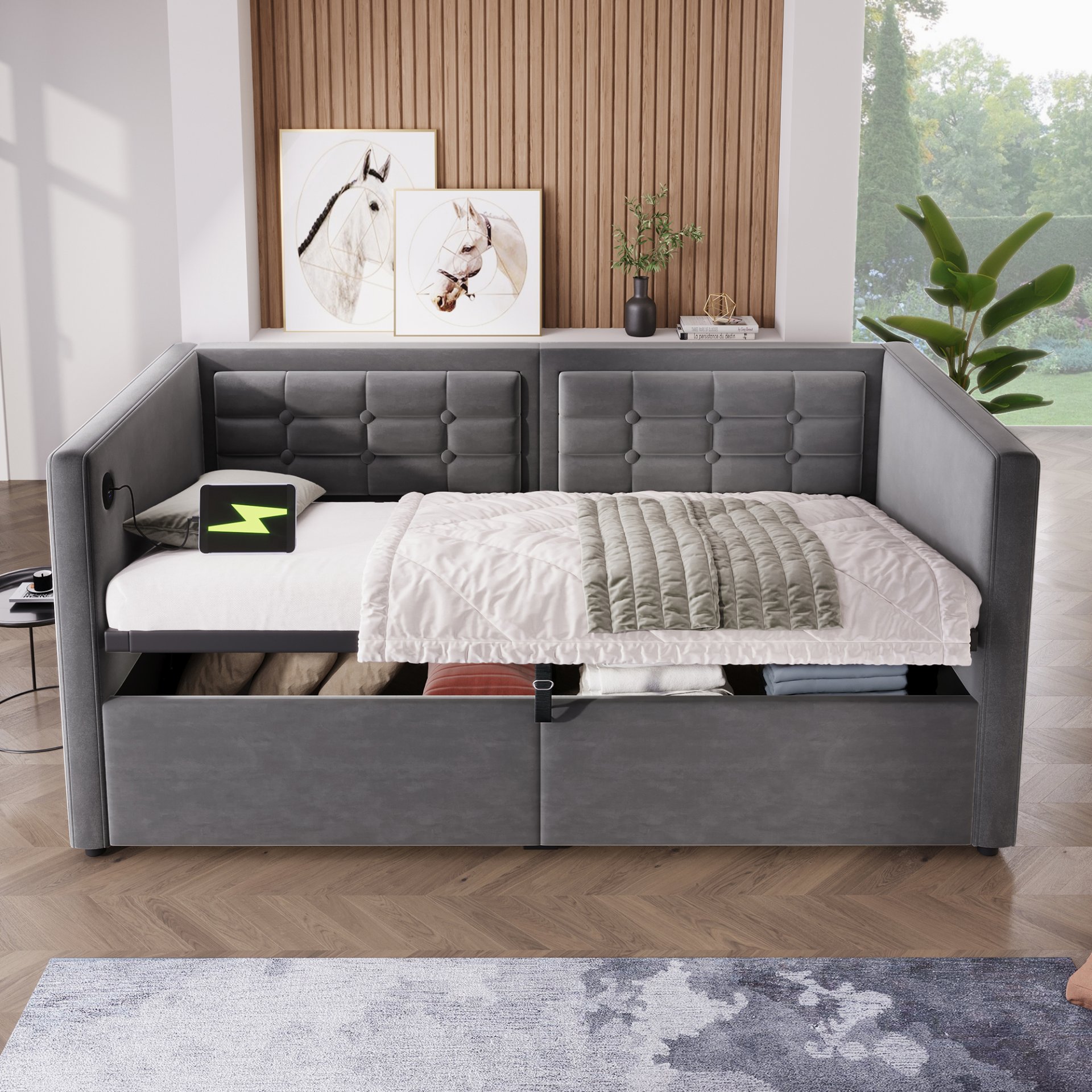 Twin Size Upholstered Hydraulic Storage Daybed With USB & Type C Charging - Gray - Image 2
