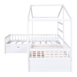 L-Shape Twin Platform Bed With 3 Storage Drawers - White