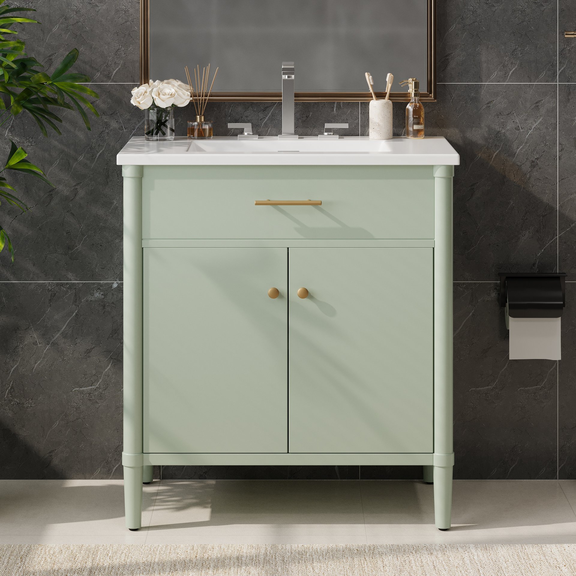 Bathroom Vanity With Sink, Soft Close Doors And Adjustable Shelf, Curved Profile Design - Green - Image 2