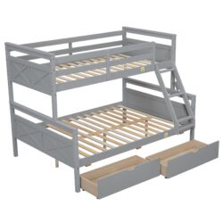 Twin Over Full Bunk Bed With Ladder, 2 Storage Drawers, Safety Guardrail - Gray