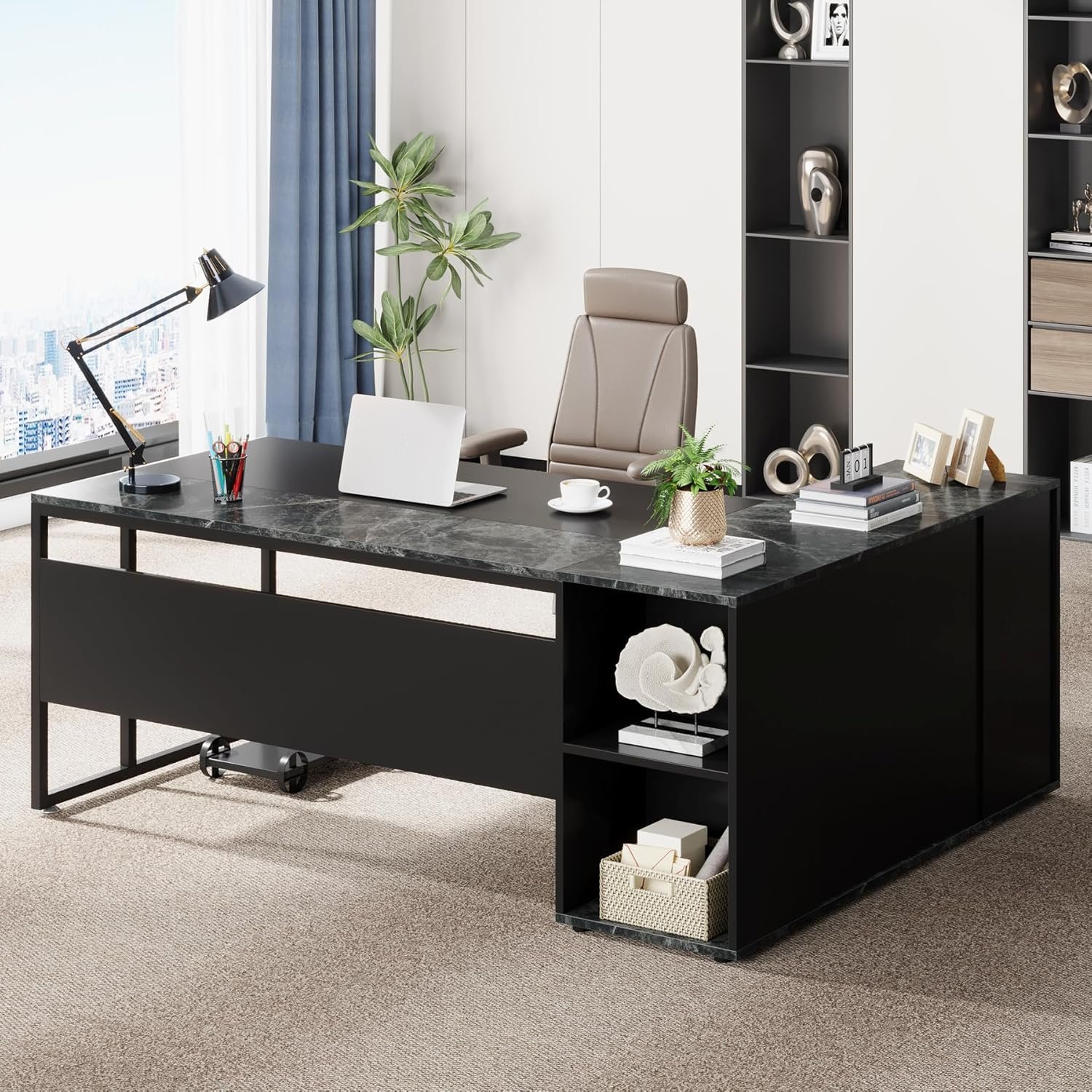 L-Shaped Executive Desk & Cabinet Storage, Office Furniture Set For Home - Gray / Black - Image 4