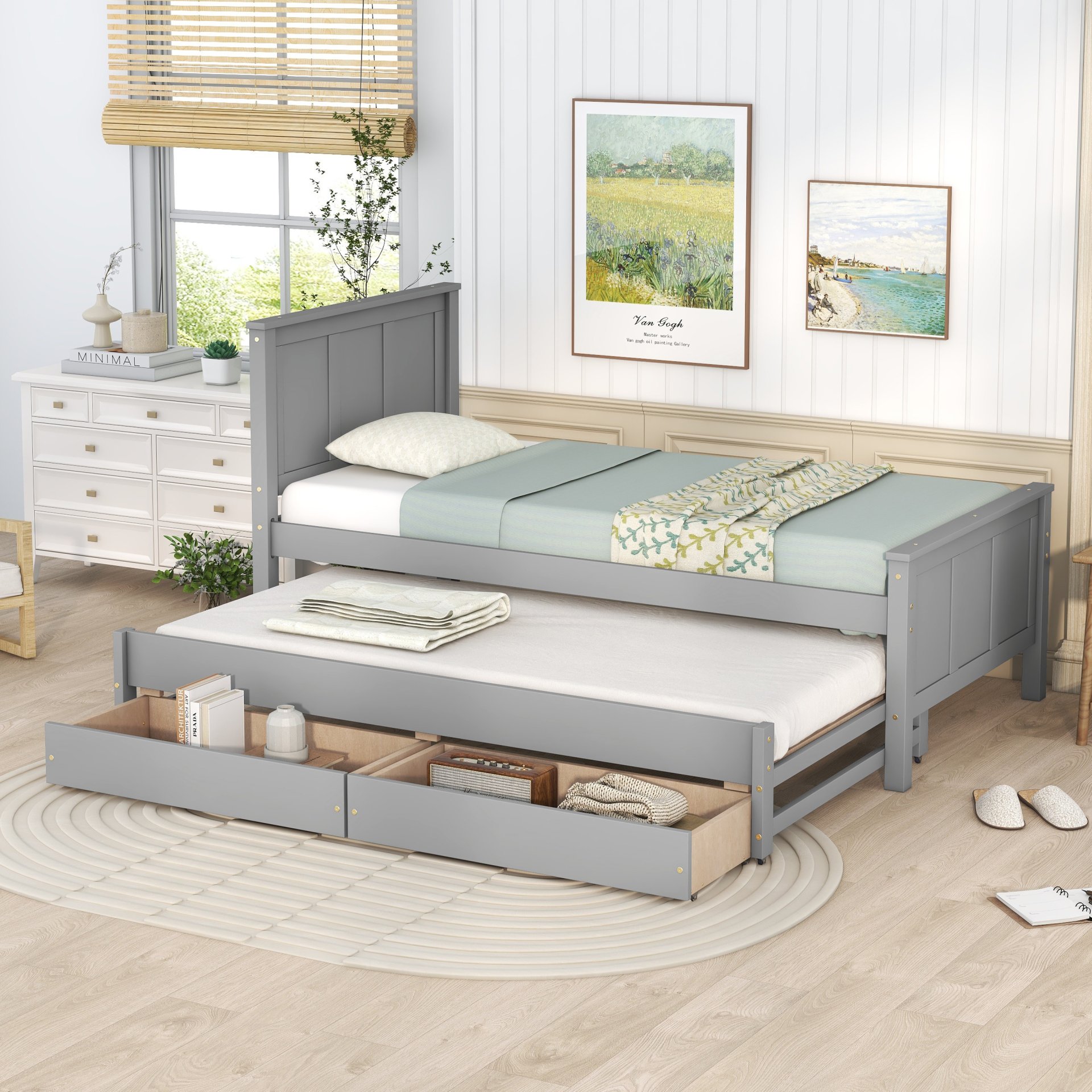 Twin Size Platform Bed With Trundle And Drawers - Gray - Image 2