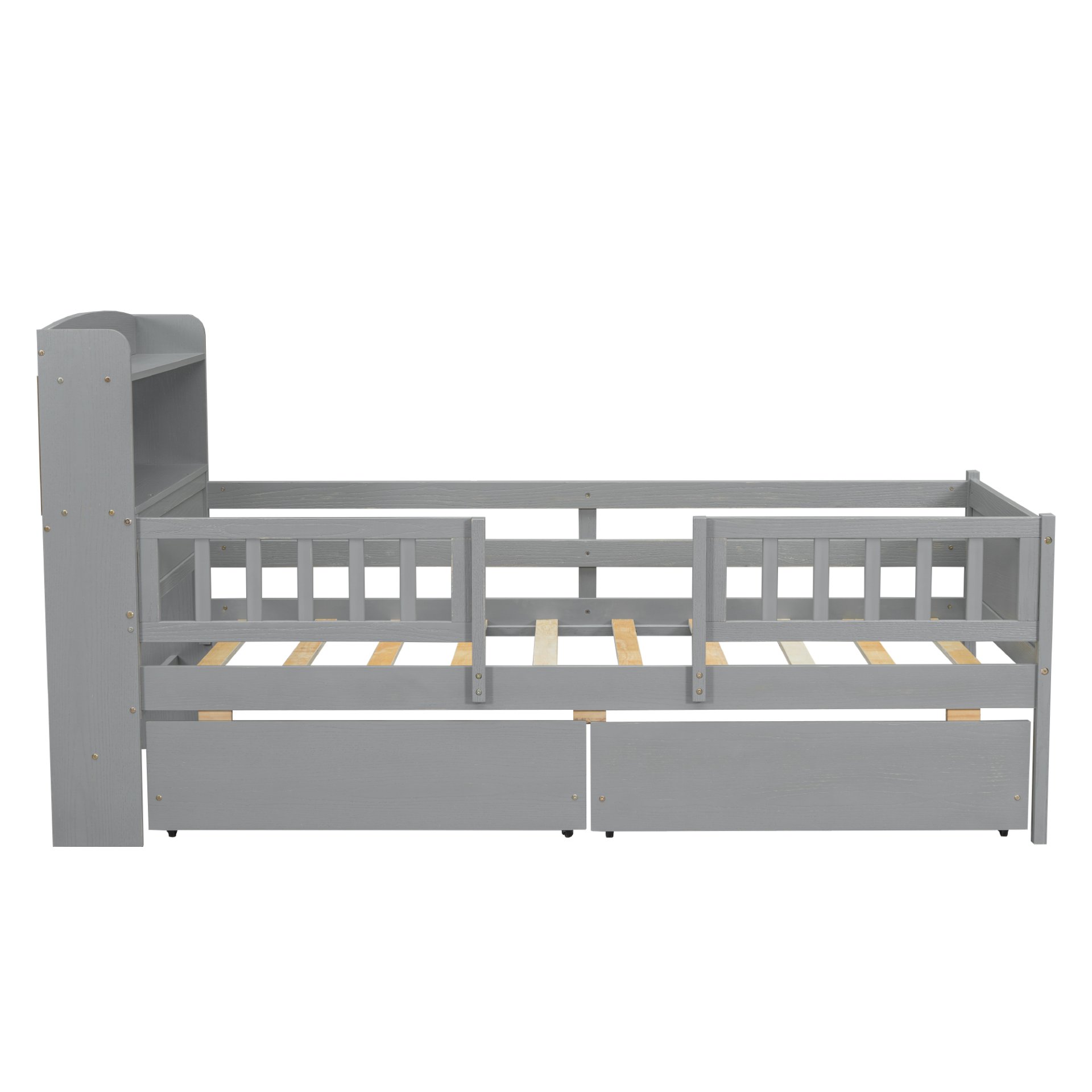 Twin Size Platform Bed With LED Light, Multi Functional Headboard, Guardrail And 2 Drawers - Gray - Image 10