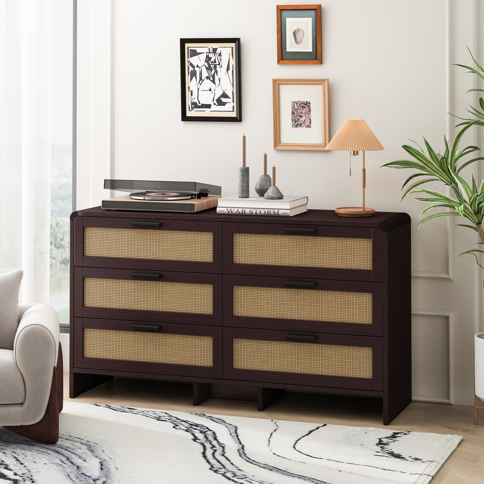 Arc Shaped Corner Rattan Cabinet With 6 Drawers - Reddish Brown - Image 5