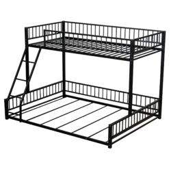 Twin Long Over Queen Bunk Bed Frame With Ladder And Safety Guardrails - Black