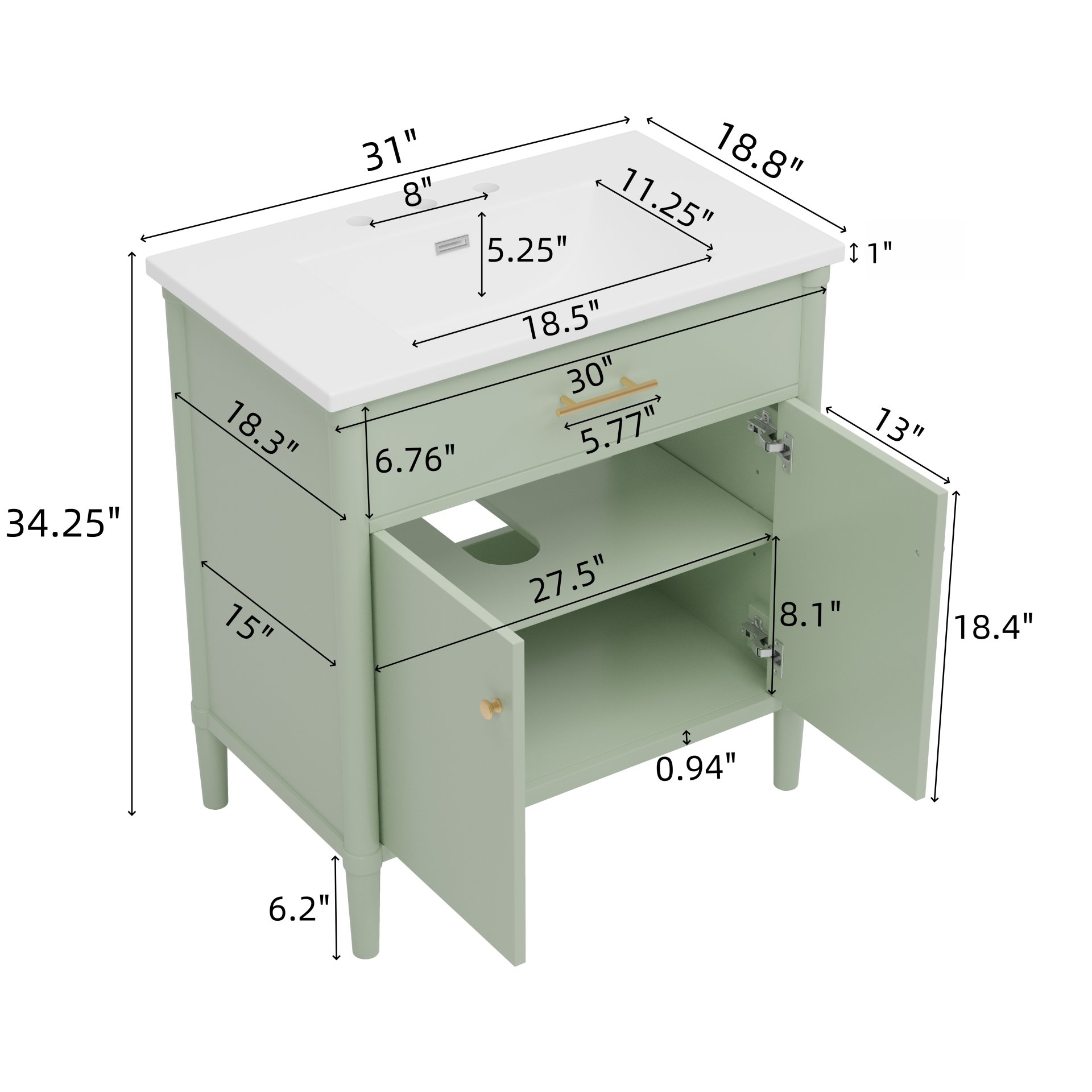 Bathroom Vanity With Sink, Soft Close Doors And Adjustable Shelf, Curved Profile Design - Green - Image 3