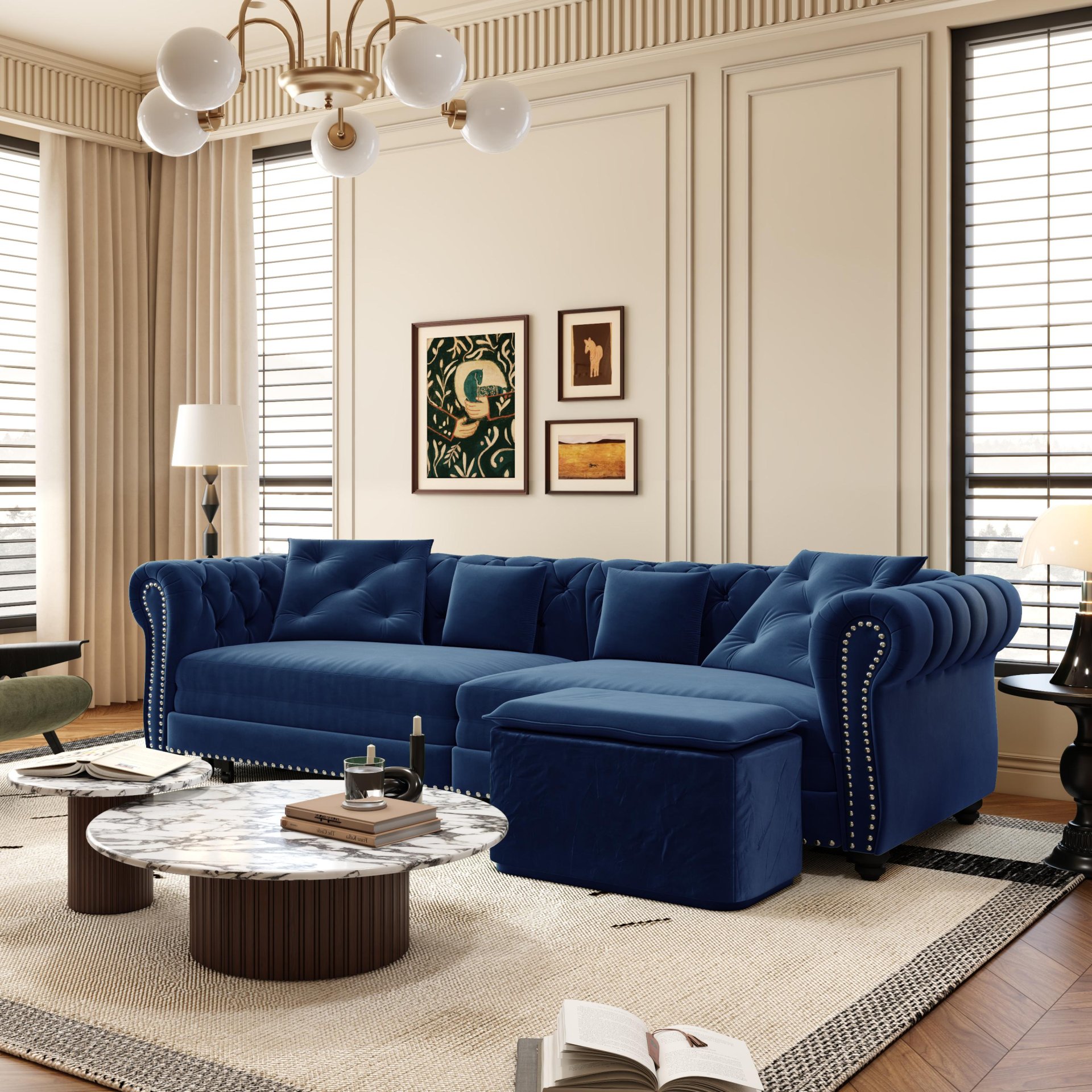 3 In 1 Pull Out Sofa Bed, Convertible Sleeper Sofa Bed, 3 Seater Sofa With Movable Ottoman - Blue - Image 8