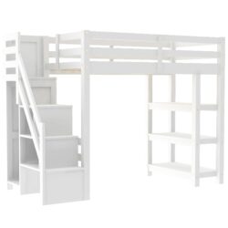 Twin Size Loft Bed With 4 Layer Shelves, Storage Staircase, Small Wardrobe And LED Light - White