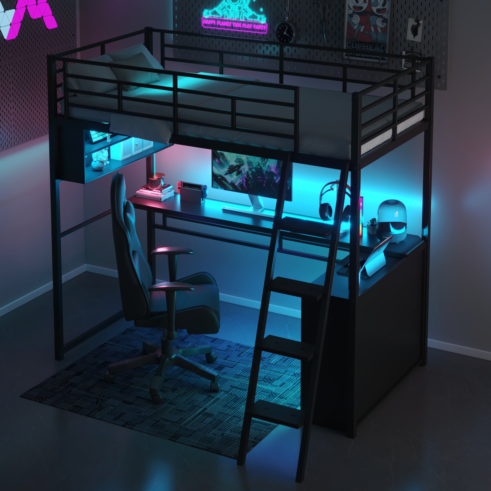 Twin Size Loft Bed With LED Desk And 4 Storage Shelves - Black - Image 6