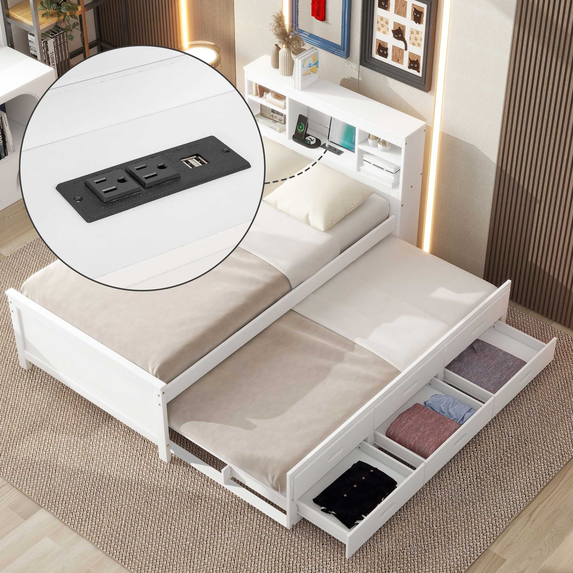 Twin Size Platform Bed With Storage Headboard, USB, Trundle And 3 Drawers - White - Image 4