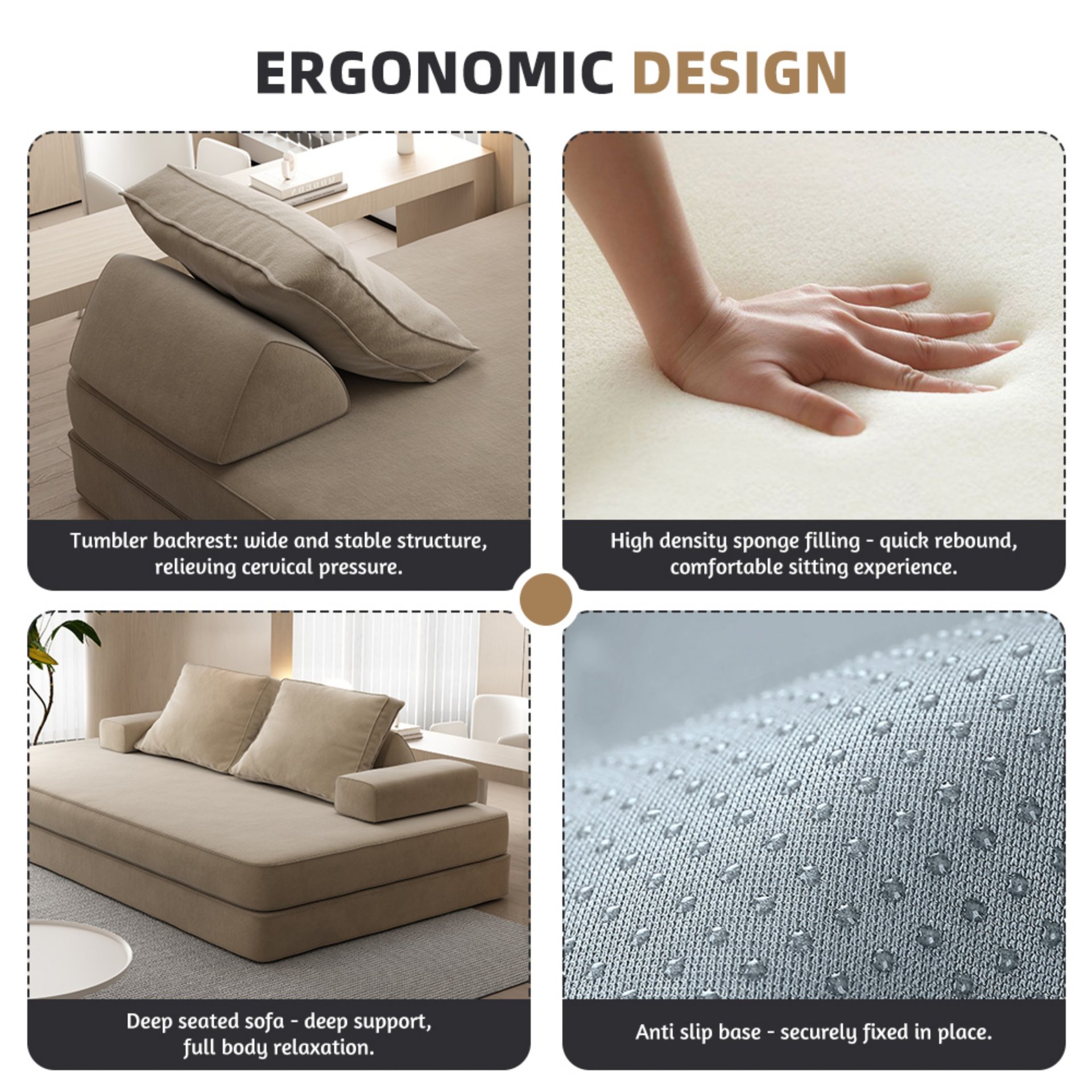 Multifunctional Convertible Sofa Bed With 2 Tumbler Backrests And 2 Pillows, Diy Modern Upholstered Couch - Camel - Image 18