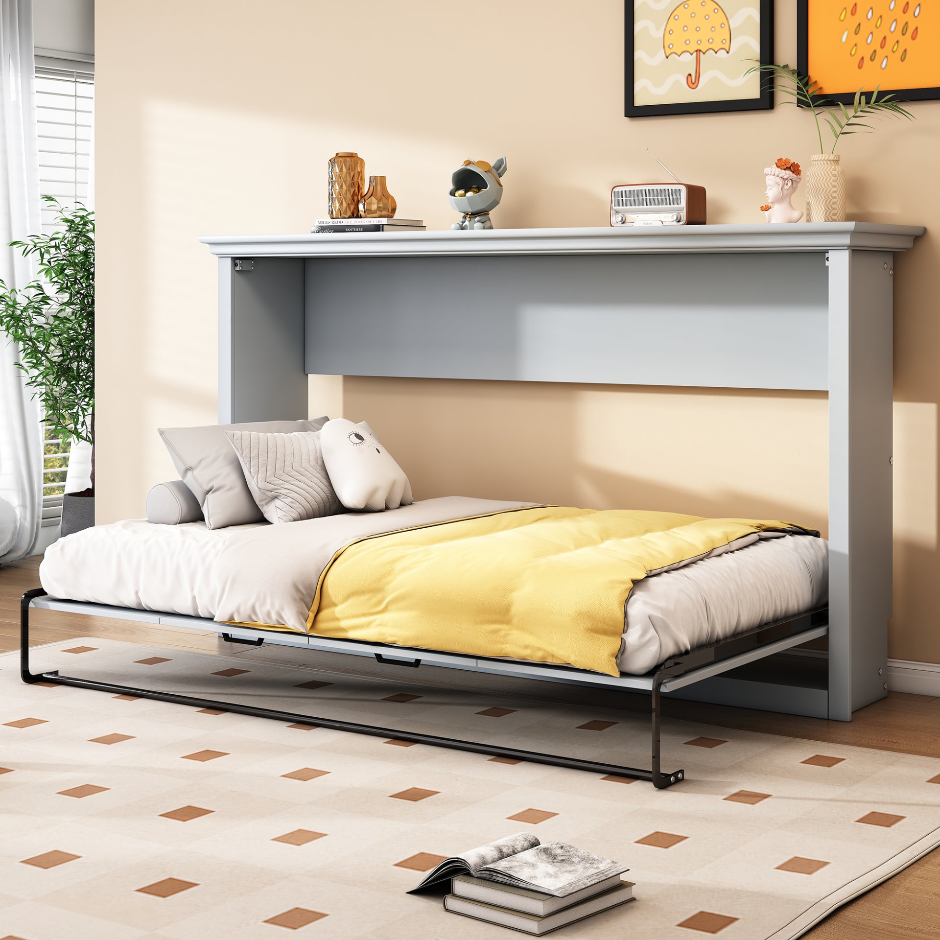 Twin Size Murphy Bed With Cabinet Storage - Gray - Image 2