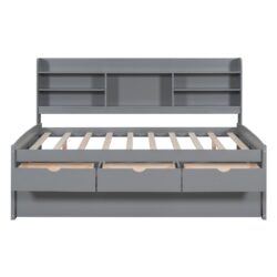 Full Size Captain Bed With Built In Bookshelves, 3 Storage Drawers, And Trundle - Light Gray