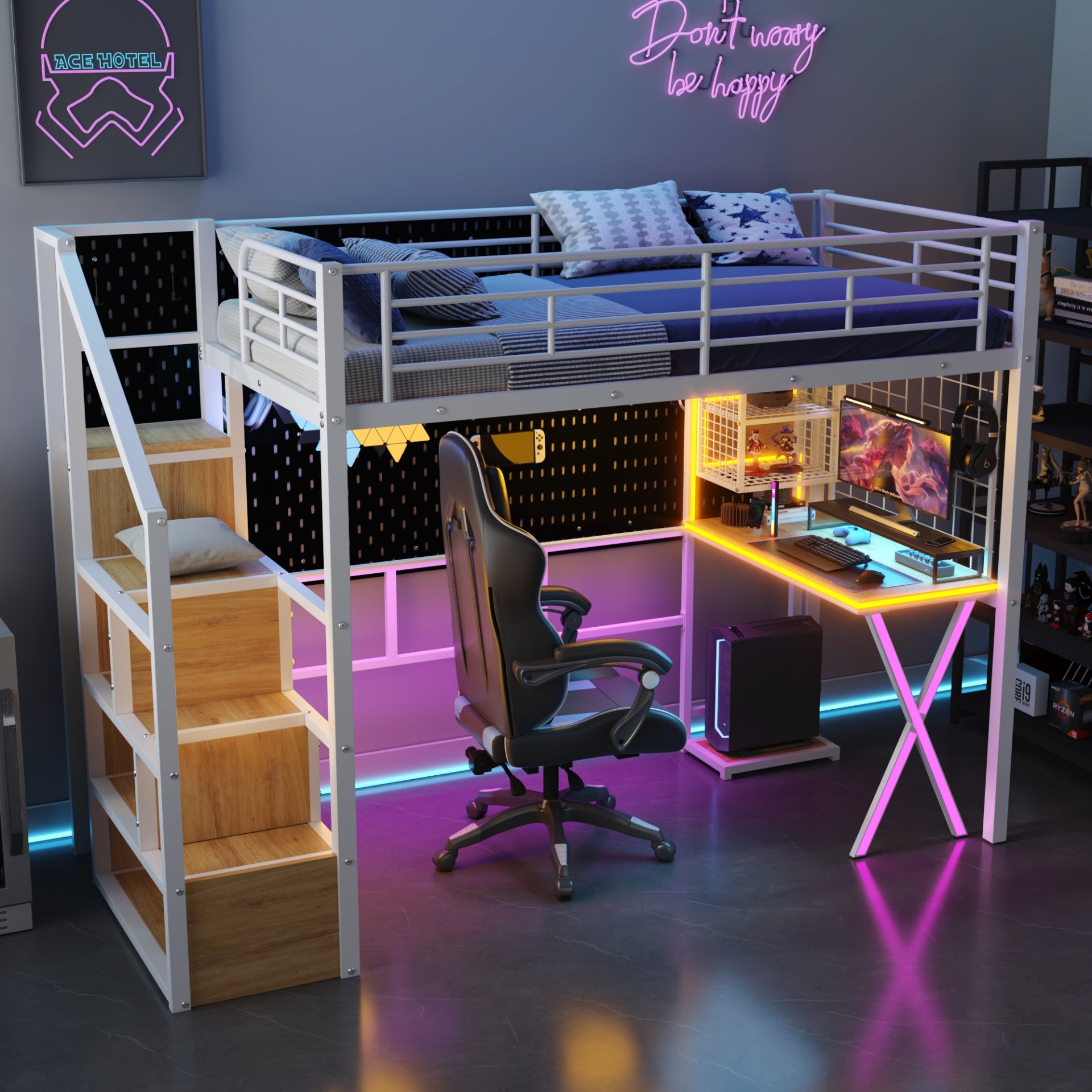 Twin Size Loft Bed With Built In Work Station, Wardrobe, Storage Staircase And LED - White - Image 4