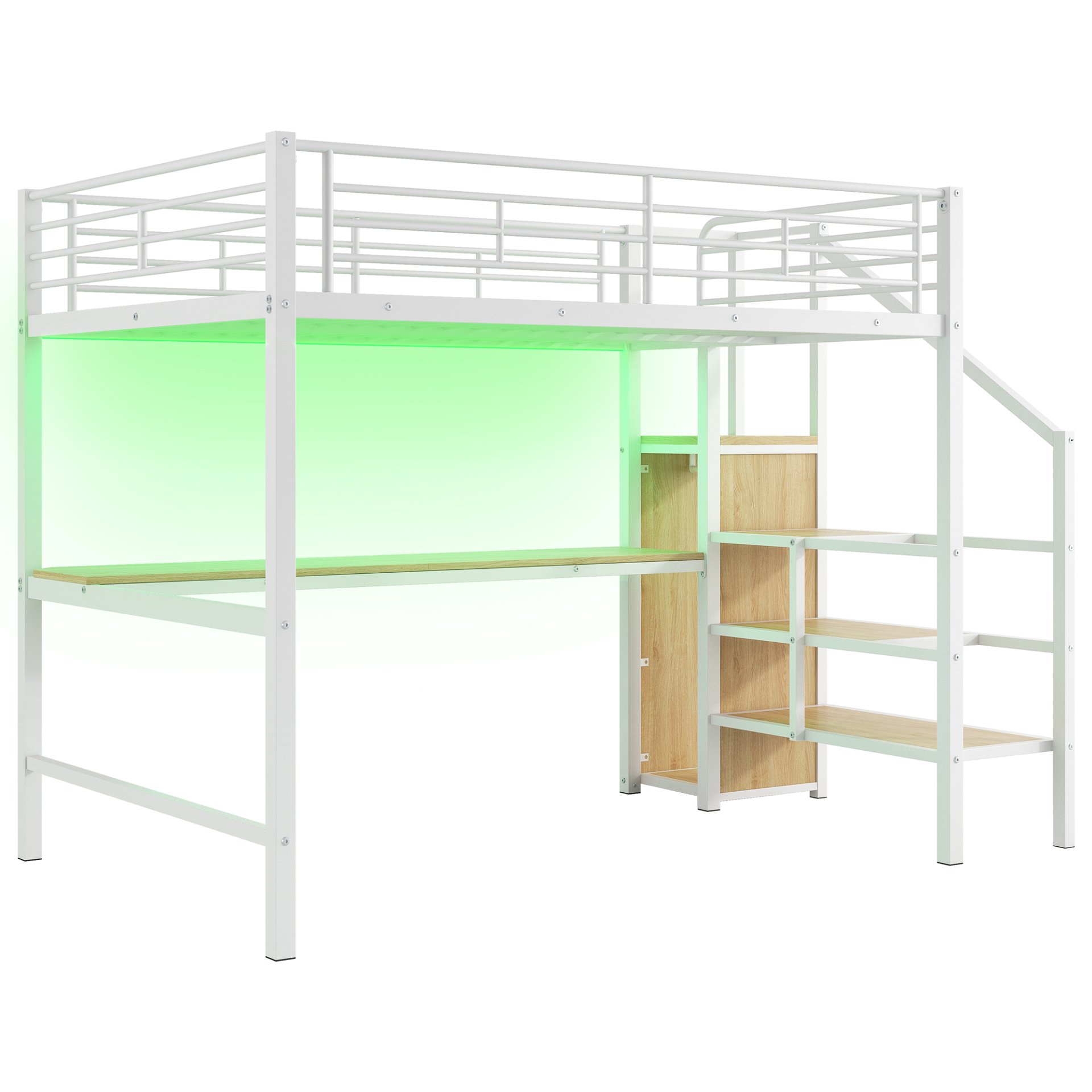 Full Size Loft Bed With Desk, Storage Staircase, Small Wardrobe And LED Light - White - Image 10