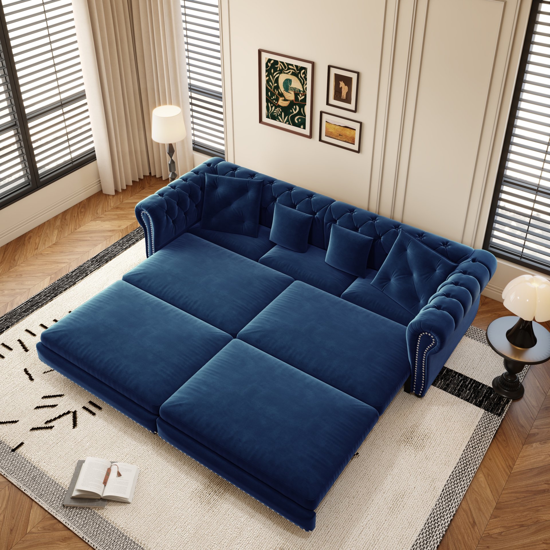 3 In 1 Pull Out Sofa Bed, Convertible Sleeper Sofa Bed, 3 Seater Sofa With Movable Ottoman - Blue - Image 6