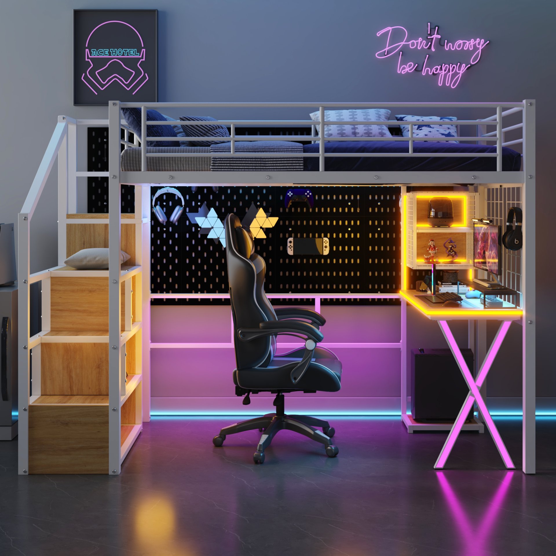 Twin Size Loft Bed With Built In Work Station, Wardrobe, Storage Staircase And LED - White - Image 5