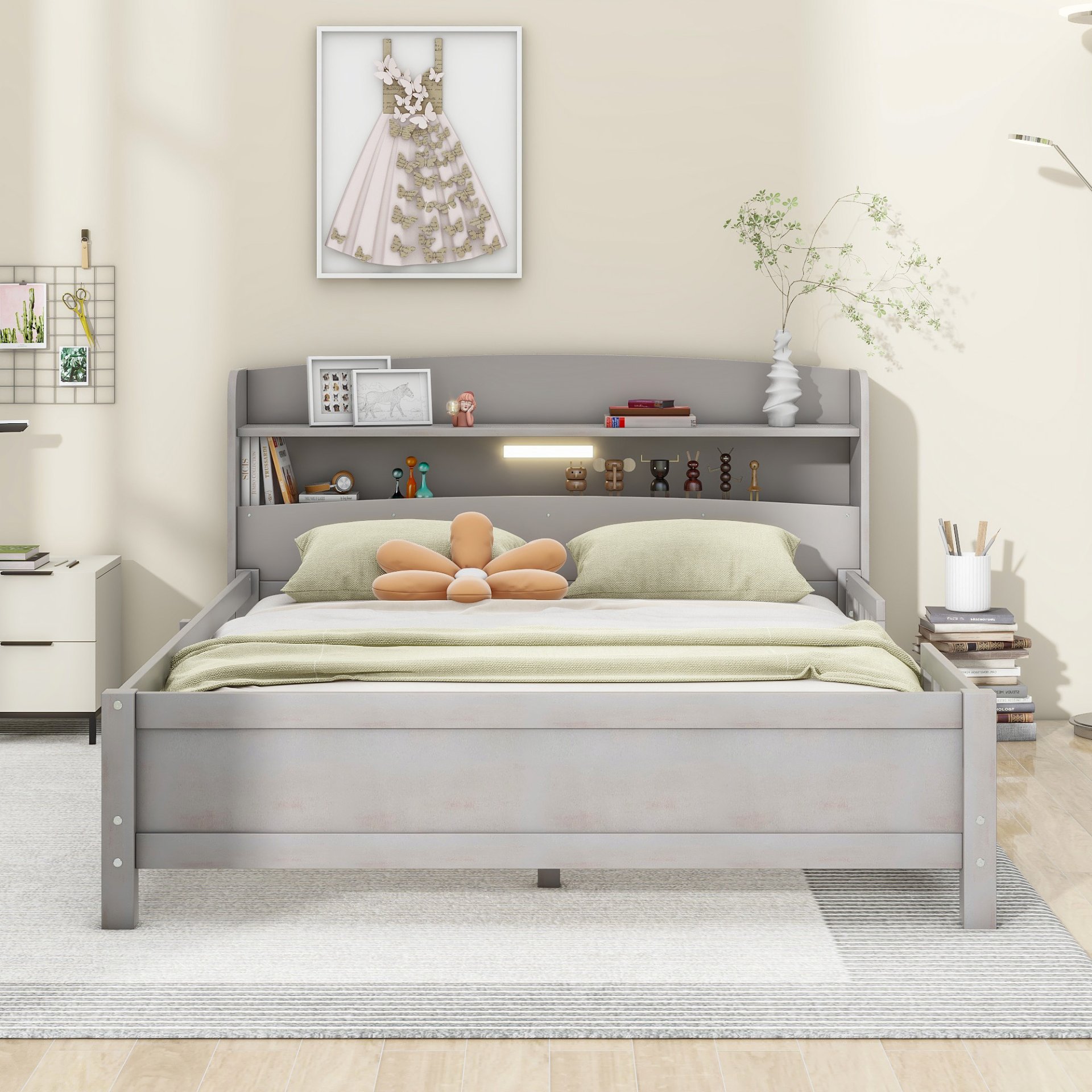 Full Size Platform Bed With LED Light, Storage Headboard And Guardrail - Antique Gray - Image 2