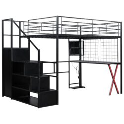 Full Size Loft Bed With Built In Work Station, Wardrobe, Storage Staircase And LED - Black
