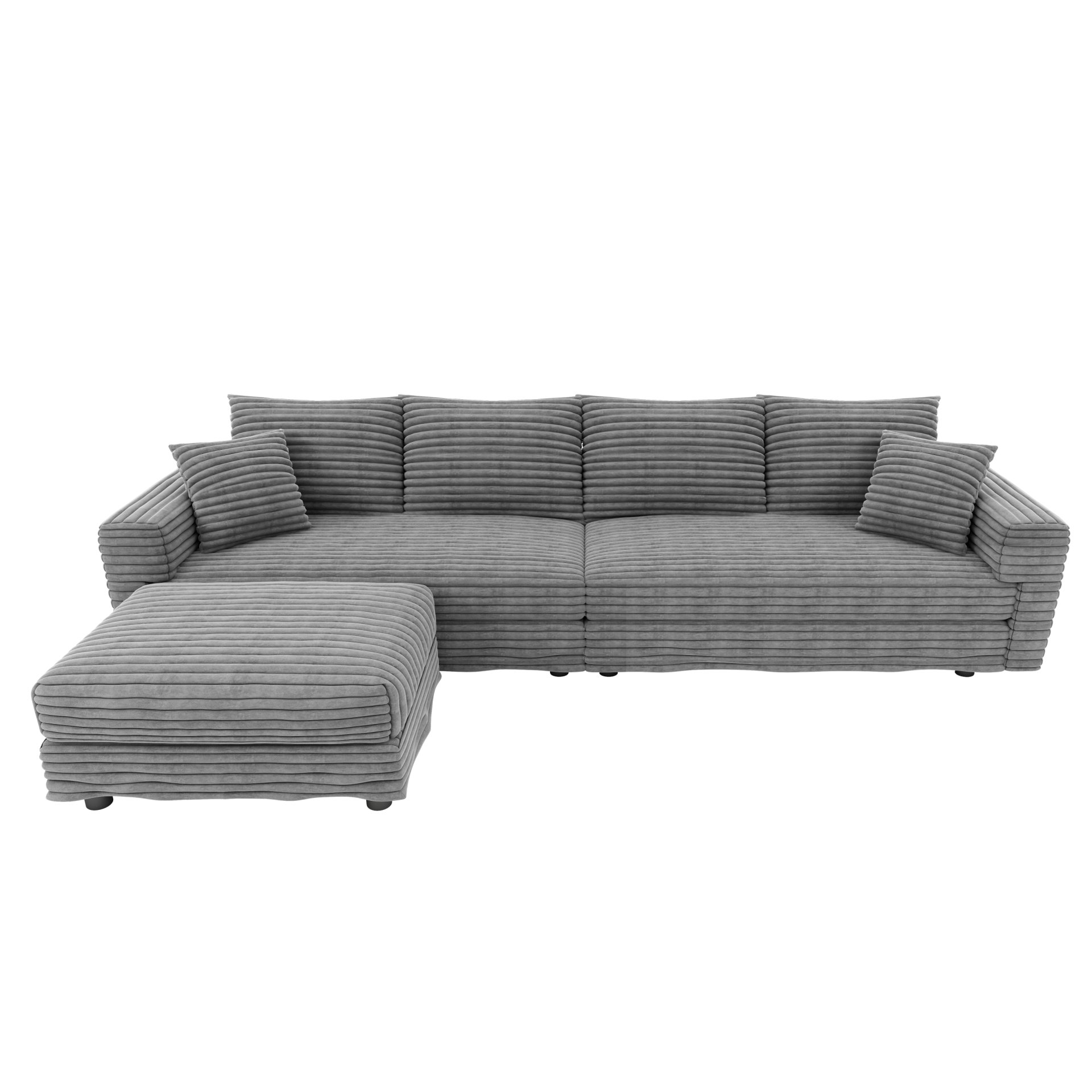 Plush Corduroy 4 Seat Sofa, Modern Comfy Upholstered Sofa Cloud Couch, Deep Seat Couches With Soft Pillows And Movable Ottoman, Convertible Sofa Lounge Chair - Gray - Image 19