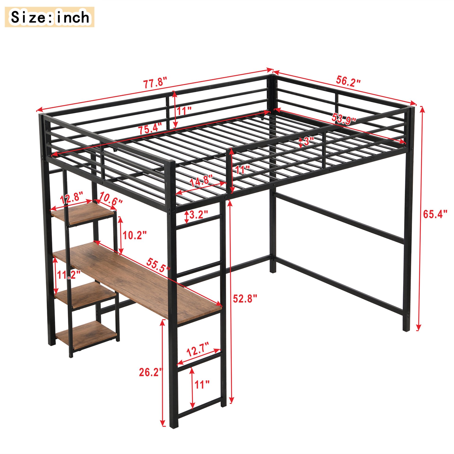Loft Bed With Built In Desk And Storage Shelves, Full Size - Black - Image 3