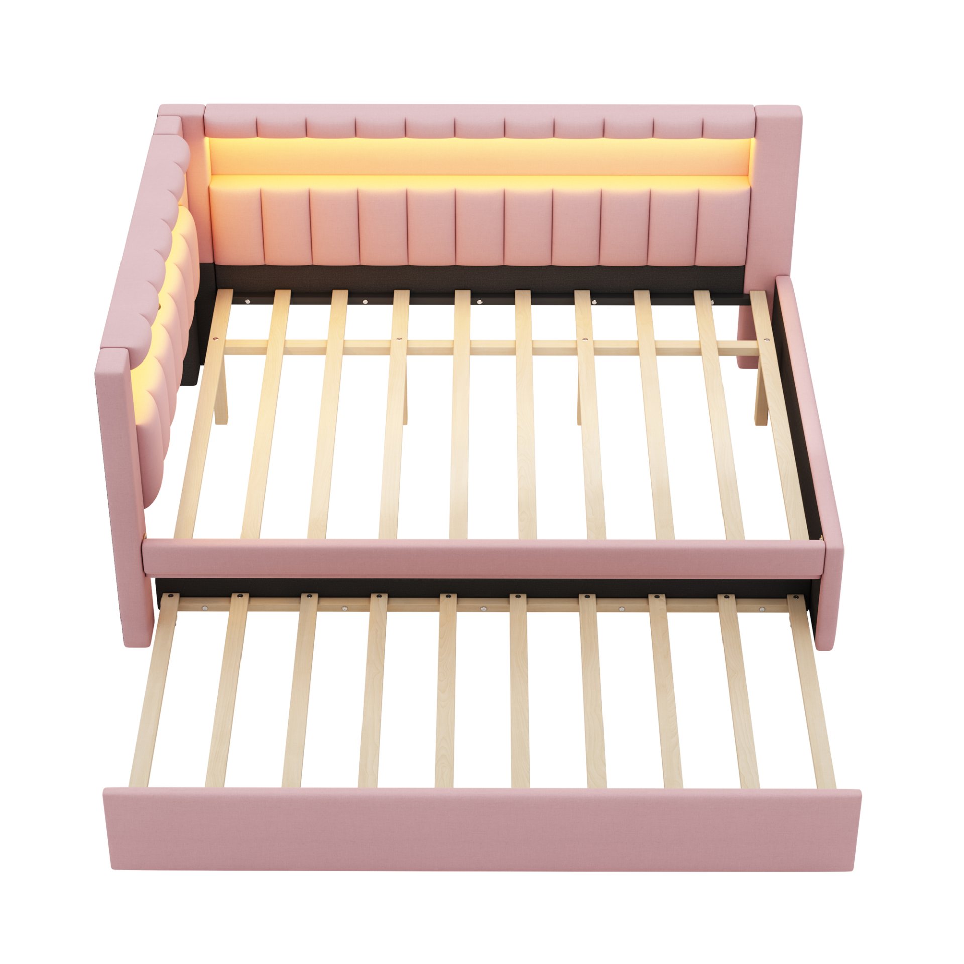 Full Size Upholstered Platform Bed With USB Ports, LED Belt And Trundle - Pink - Image 11