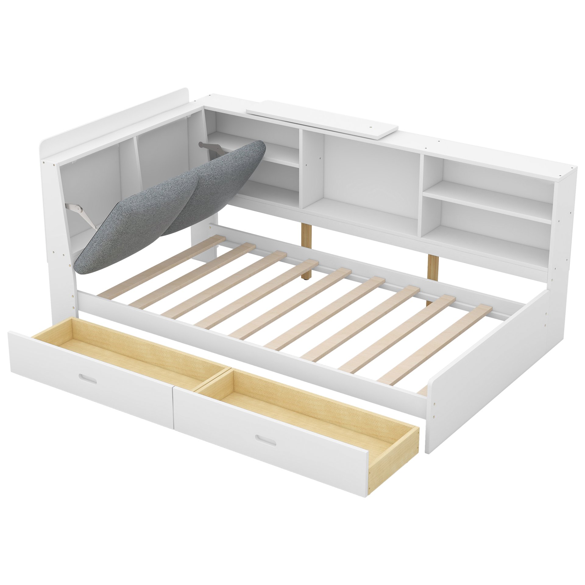 Twin Size Platform Bed With Storage Headboard, Shelves And 2 Drawers - White - Image 14