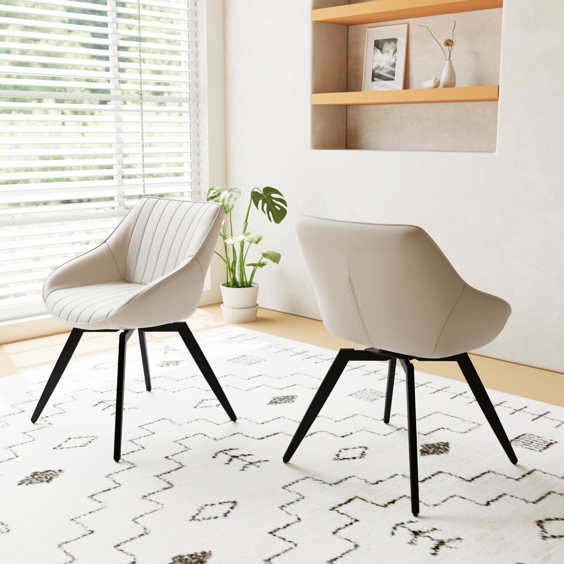 Round Coffee Table With 2 Dining Chairs Set, Ring Striped Design - Beige / Wood - Image 11